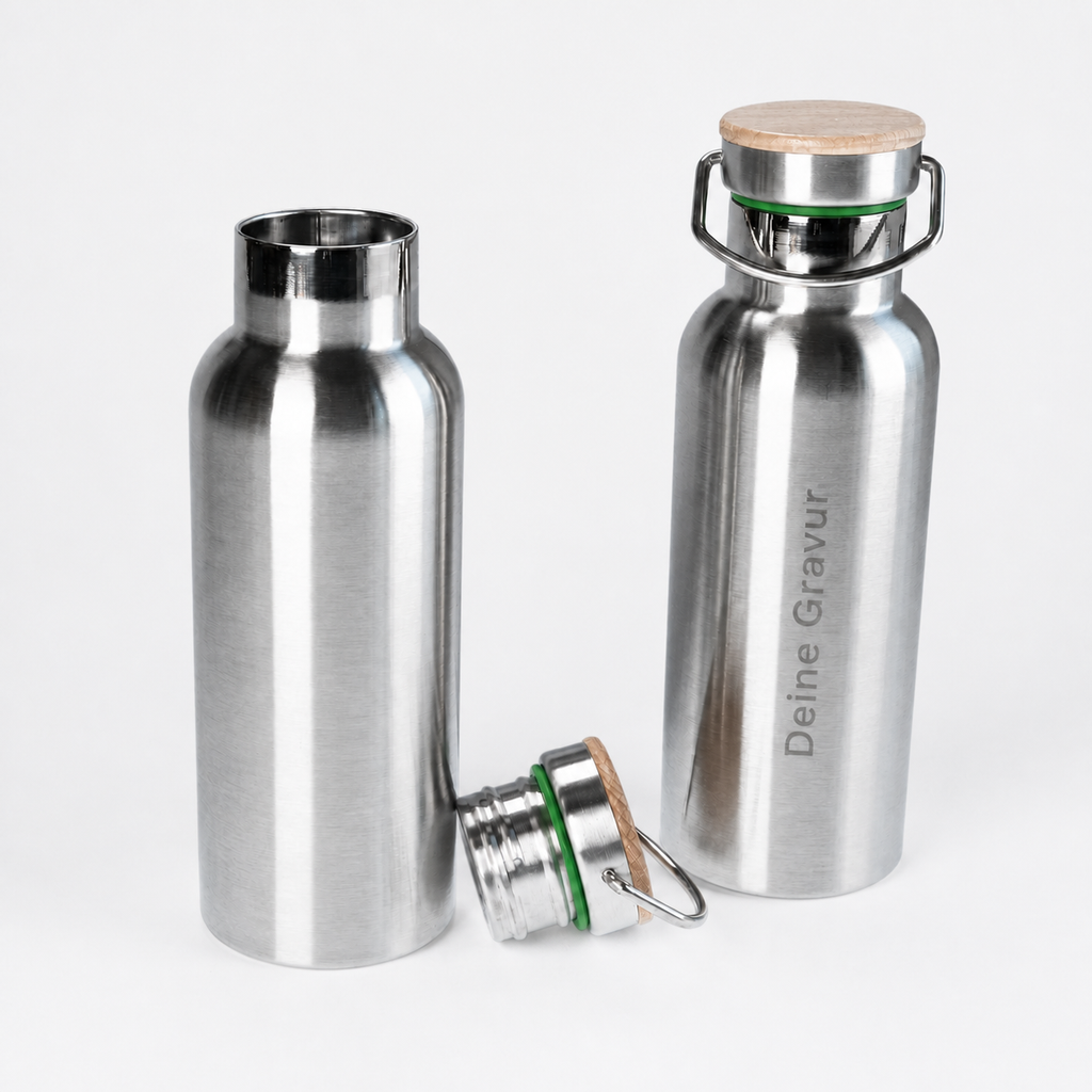 Edelstahl-Trinkflasche mit Holzdeckel – personalisiert